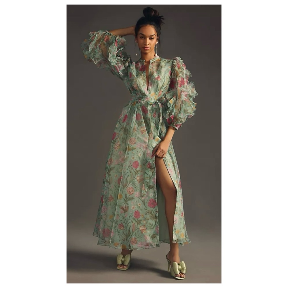 NWOT Anthropologie Pankaj & Nidhi Ruffle Sleeve Organza Maxi Dress in Green S